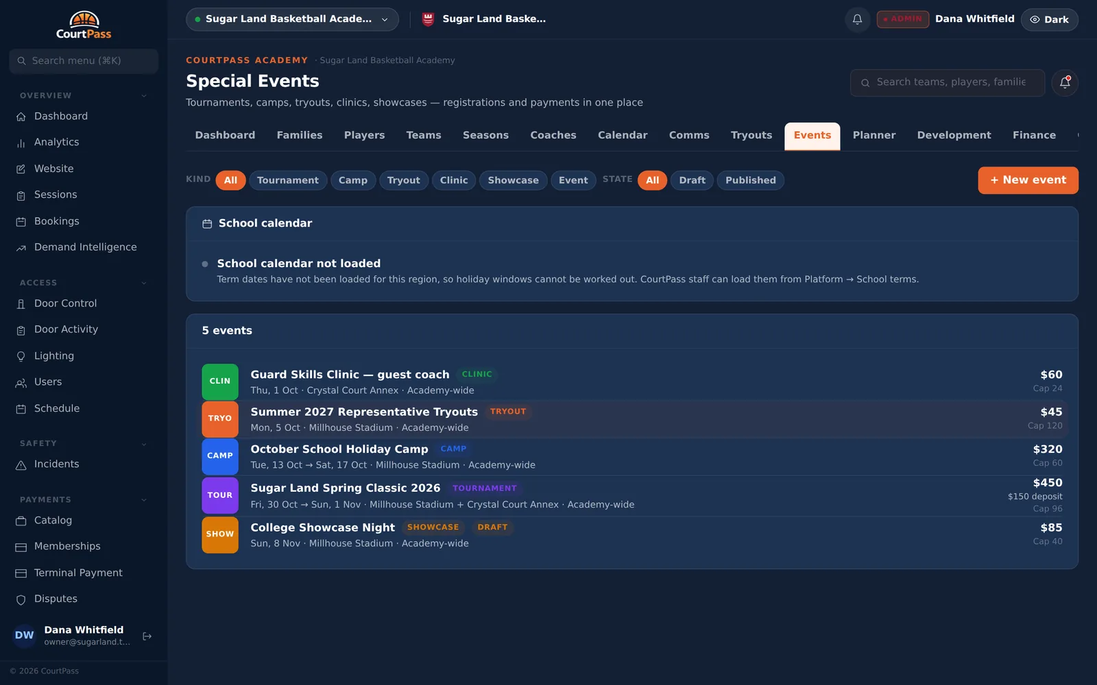 CourtPass Events screen, shown with demo data