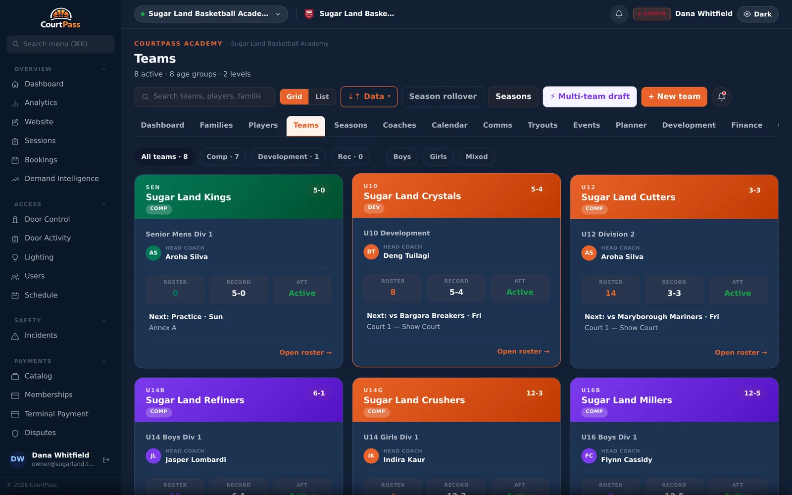 CourtPass Teams screen, shown with demo data